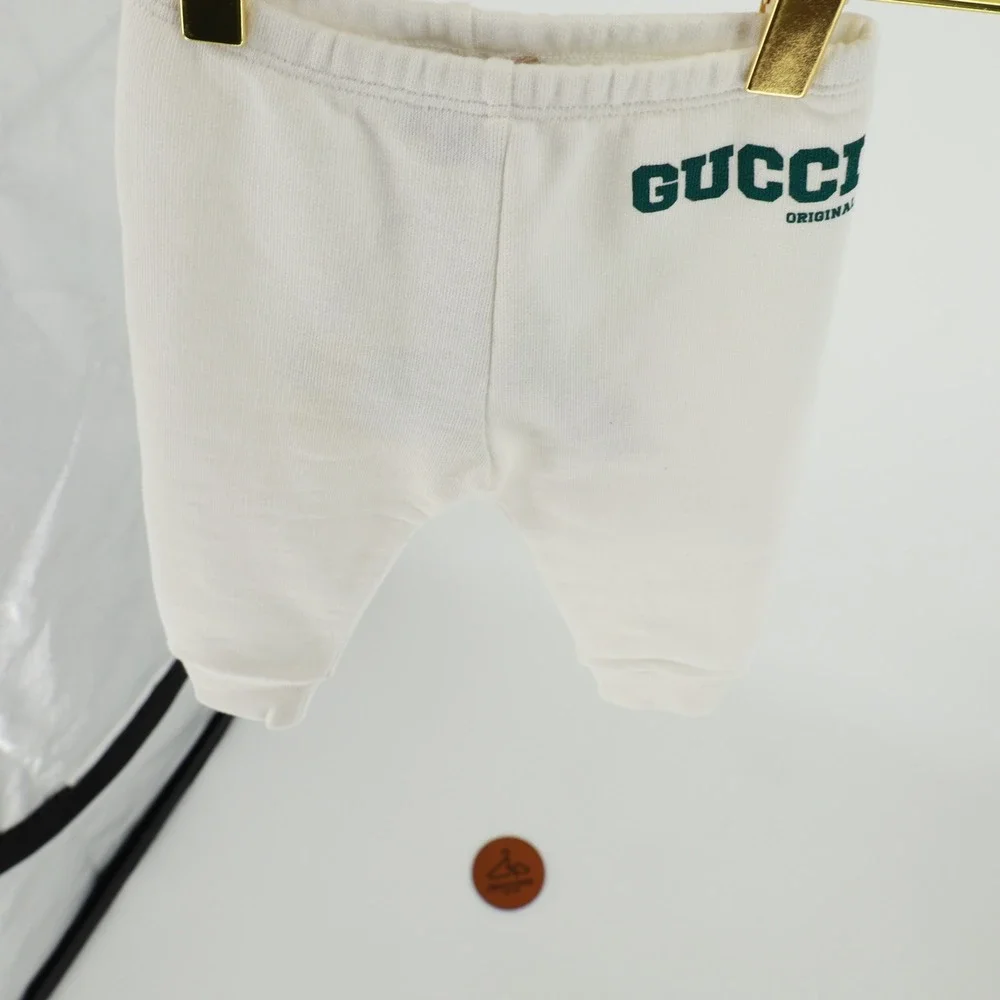 Gucci Kids Original Logo White Green Felted Cotton Jersey Jogger‎ Pants 6-9M